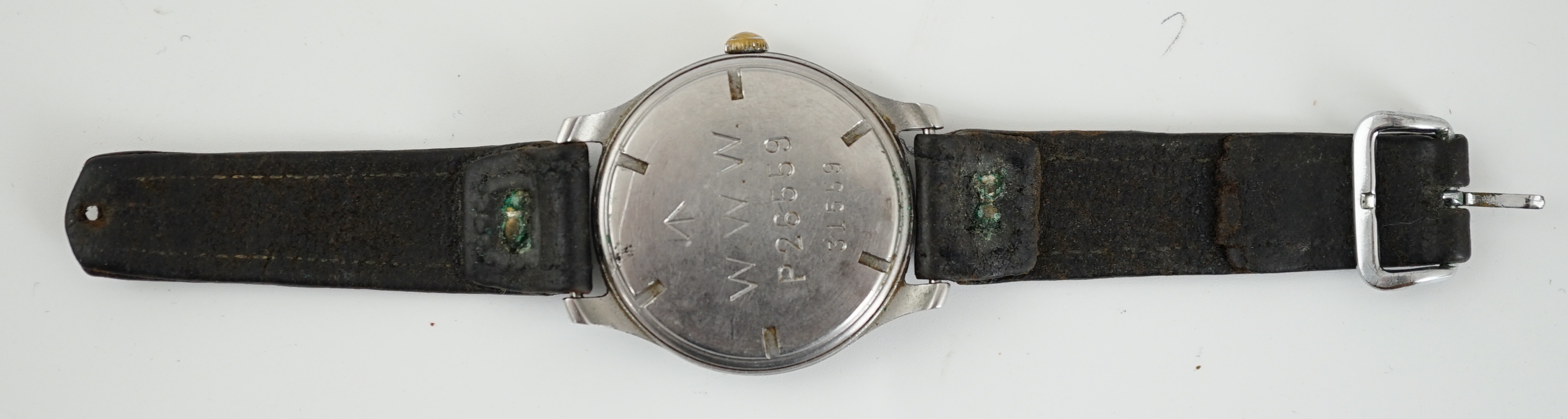 A gentleman's stainless steel WWII Cyma 'Dirty Dozen' military manual wind wrist watch